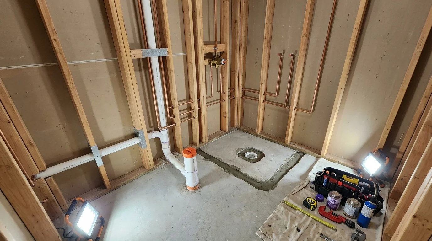 Bathroom rough-in plumbing during remodel by Johns Plumbing LLC in Irrigon