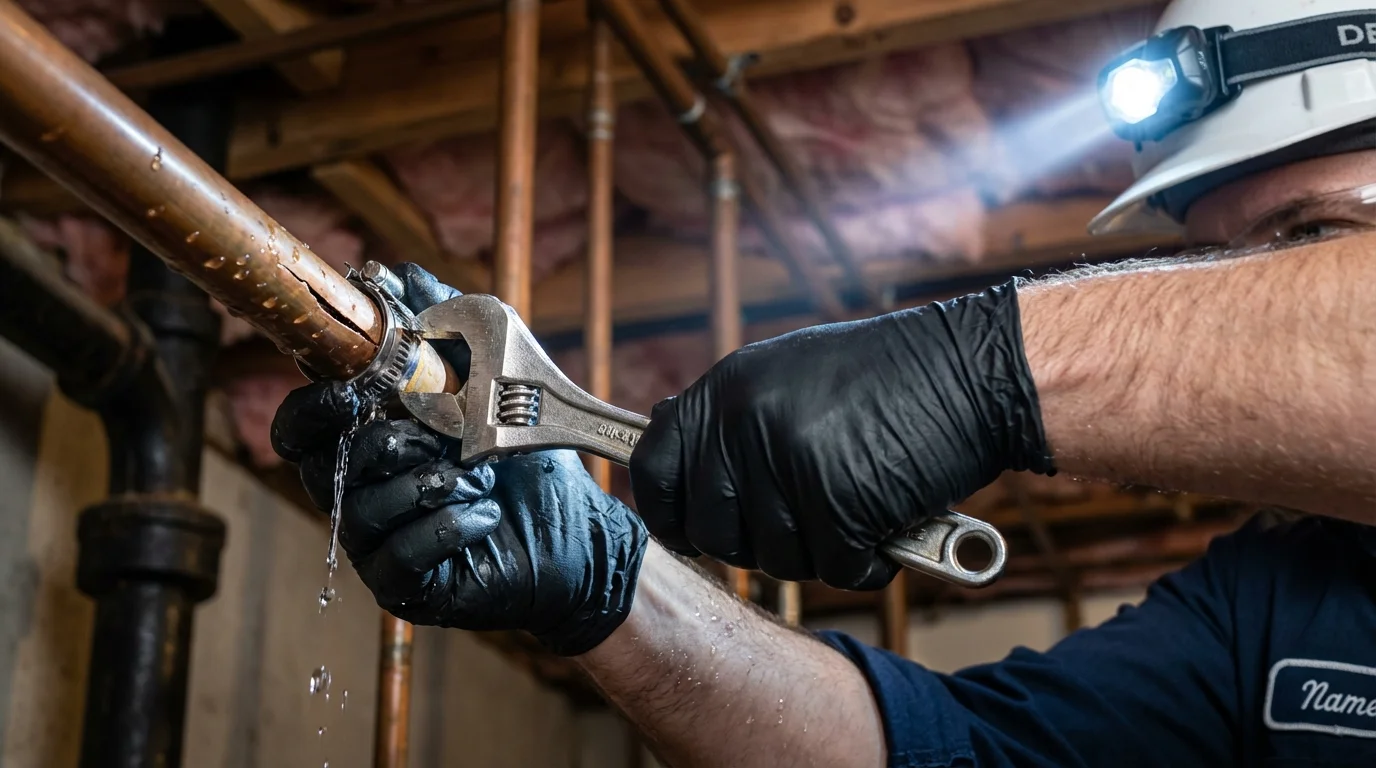 Emergency pipe clamp repair being performed by a Johns Plumbing LLC plumber in Irrigon