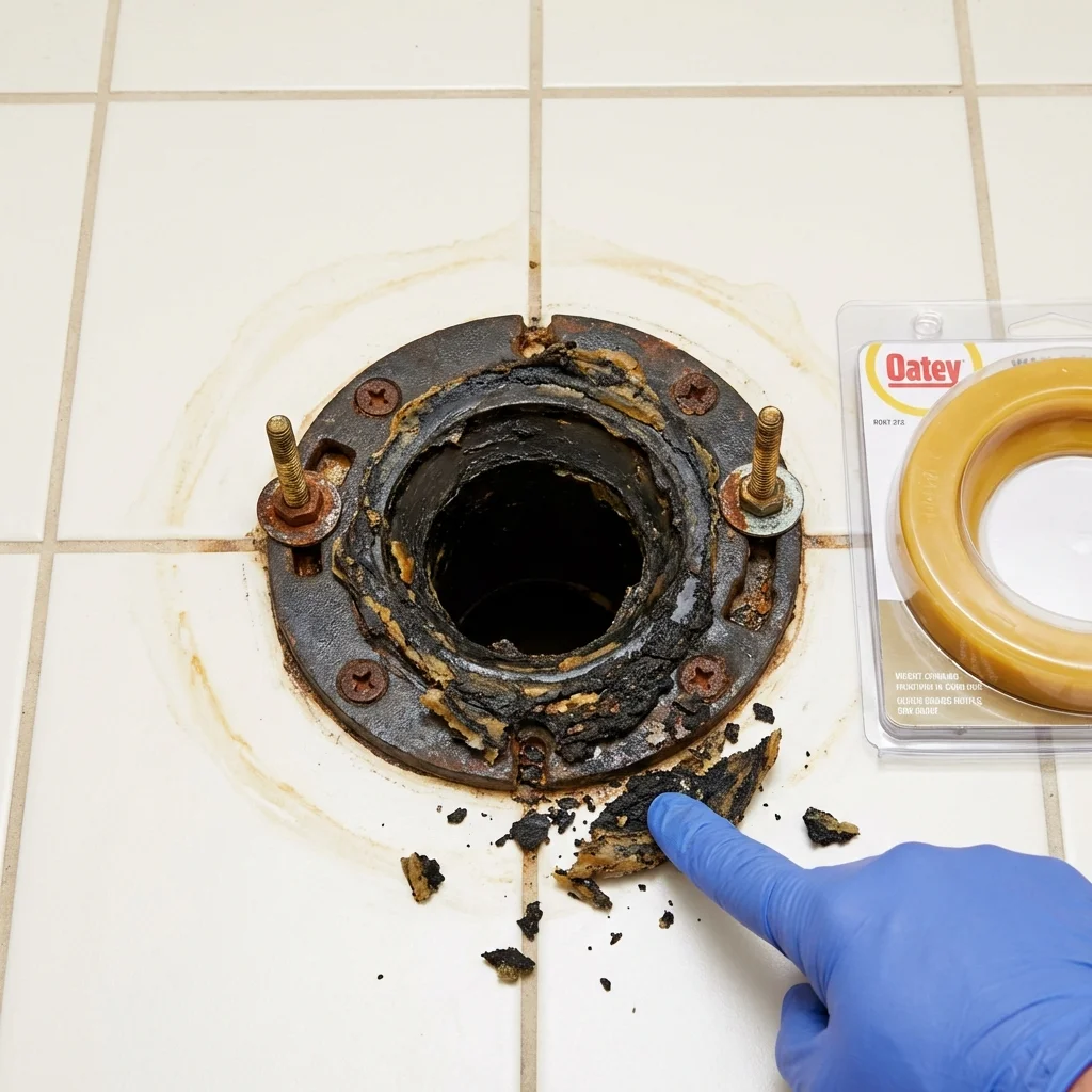 Failed wax ring showing water seepage at the base of a toilet in a Irrigon, OR home