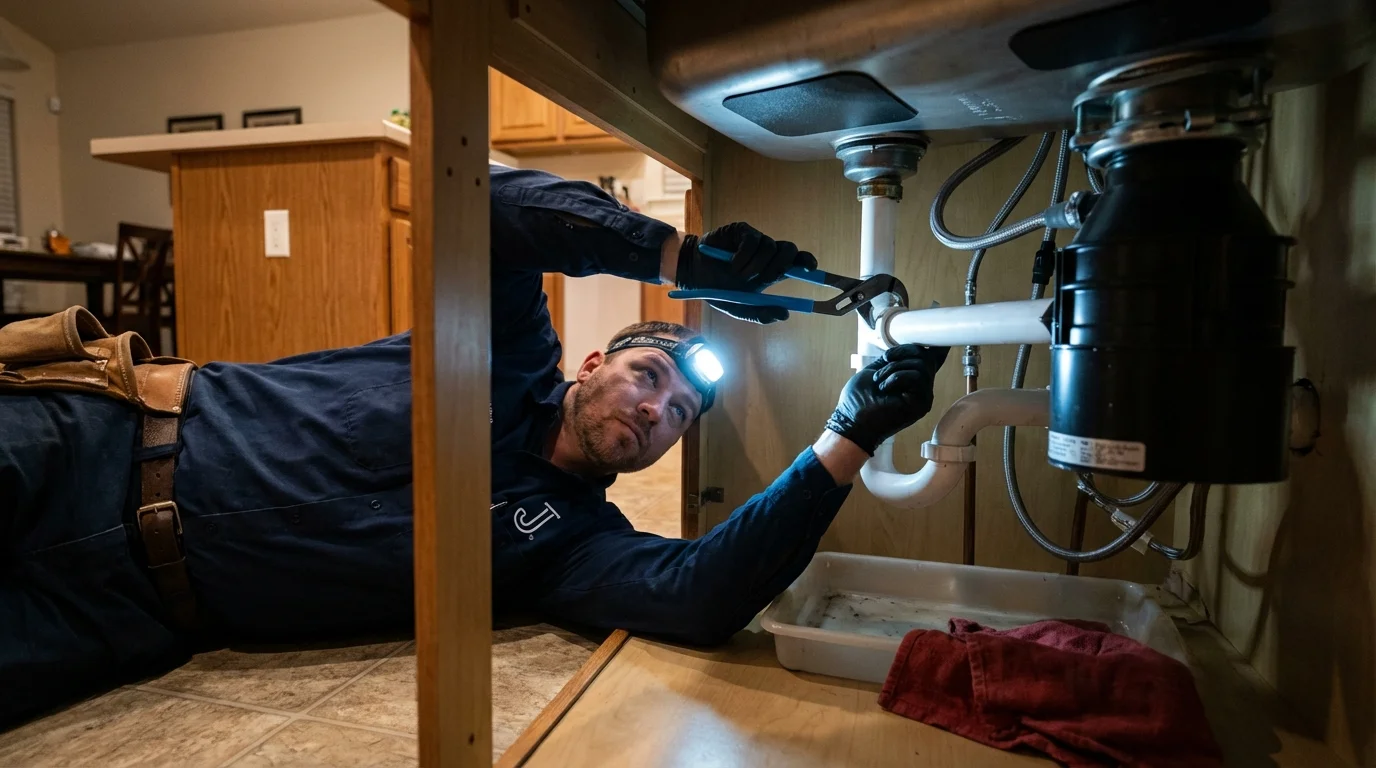 P-trap and supply line connections under a kitchen sink showing a common leak point in Irrigon, OR